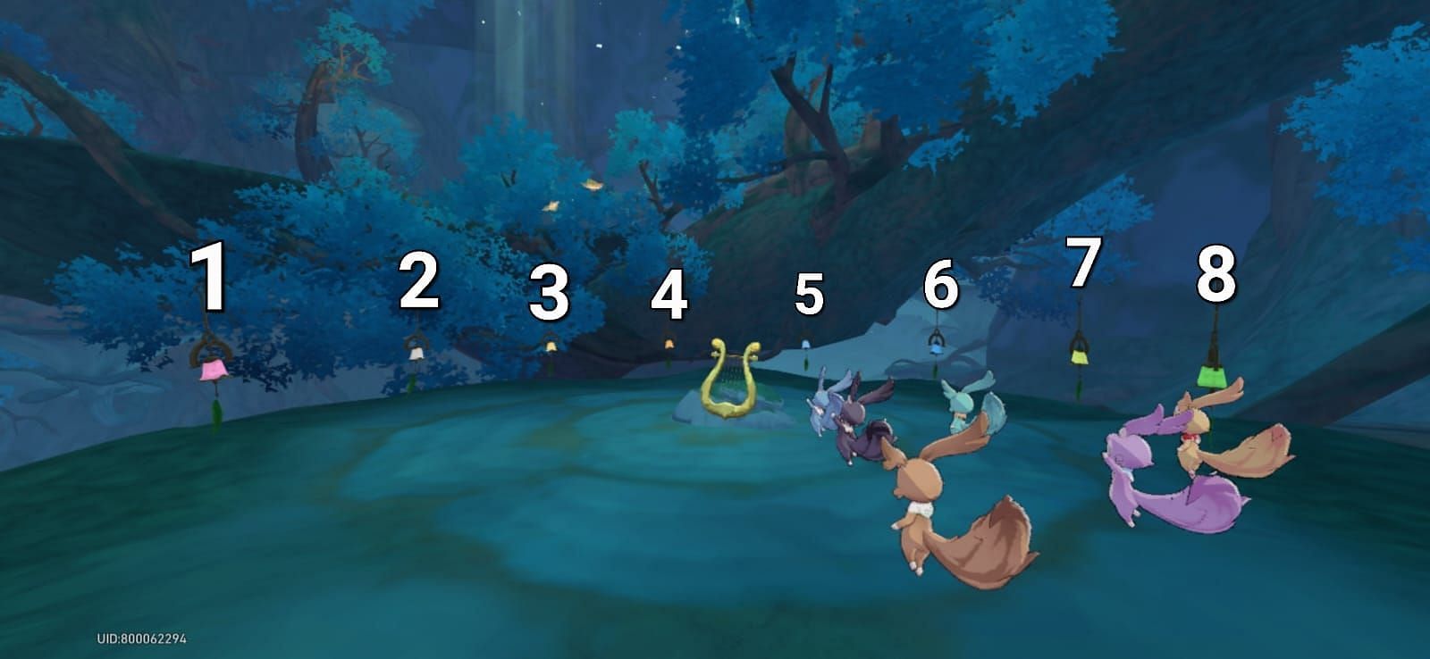 All 8 wind chimes that appear after circling the harp (Image via HoYoverse)